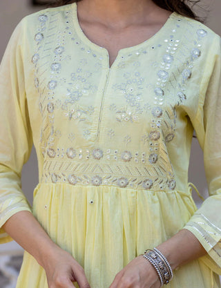 Cotton Yellow Embroidered Flared Gown