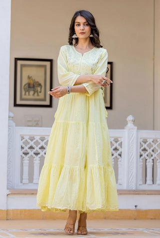 Cotton Yellow Embroidered Flared Gown