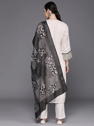 Cream & Black Linen Embroidered Straight Shape Kurta with Viscose Rayon Bottom and a Printed Dupatta