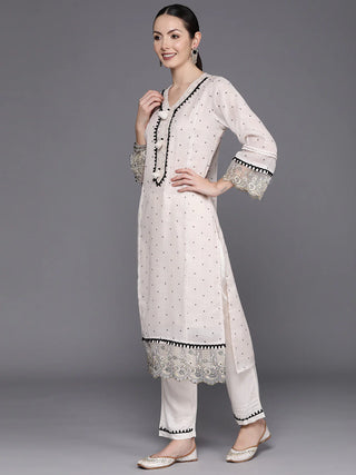 Cream & Black Linen Embroidered Straight Shape Kurta with Viscose Rayon Bottom and a Printed Dupatta