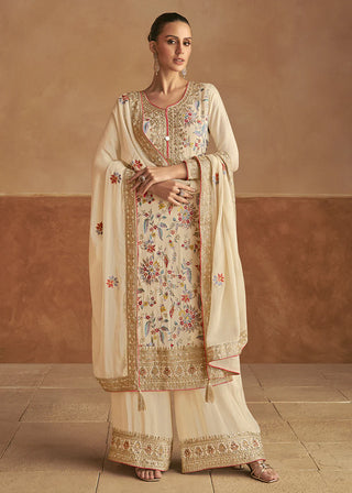 Cream Chinon Silk Embroidered Suit Set with Dupatta