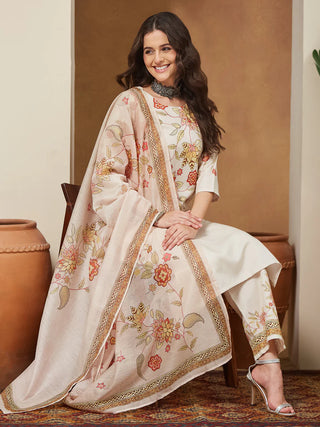 Cream Cotton Blend Floral Print Suit Set with Chanderi Blend Dupatta