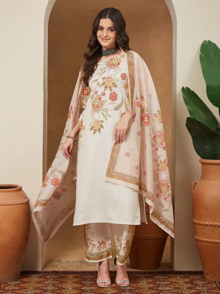 Cream Cotton Blend Floral Print Suit Set with Chanderi Blend Dupatta