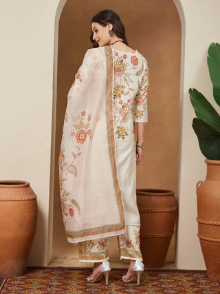 Cream Cotton Blend Floral Print Suit Set with Chanderi Blend Dupatta