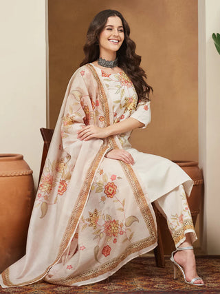 Cream Cotton Blend Floral Print Suit Set with Chanderi Blend Dupatta