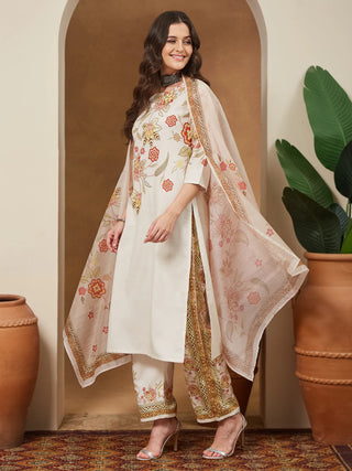 Cream Cotton Blend Floral Print Suit Set with Chanderi Blend Dupatta