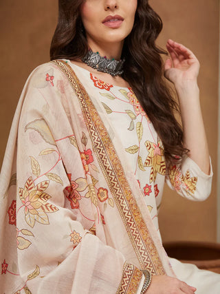 Cream Cotton Blend Floral Print Suit Set with Chanderi Blend Dupatta