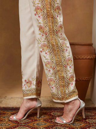 Cream Cotton Blend Floral Print Suit Set with Chanderi Blend Dupatta