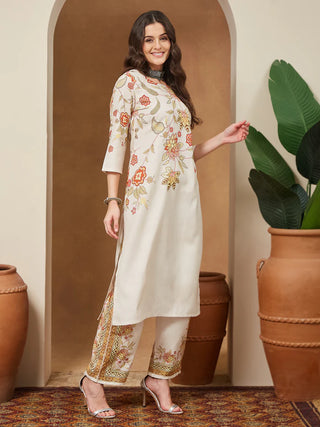 Cream Cotton Blend Floral Print Suit Set with Chanderi Blend Dupatta