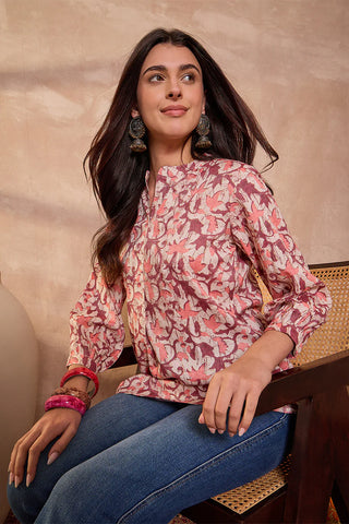 Cream Cotton Blend Regular Style Floral Print Kurta