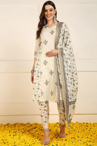 Cream Cotton Ethnic Motif Printed Straight Shape Suit Set with Dupatta