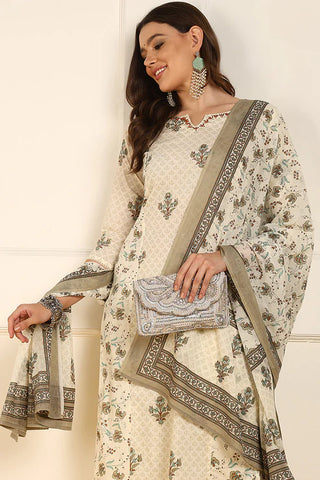 Cream Cotton Ethnic Motif Printed Straight Shape Suit Set with Dupatta