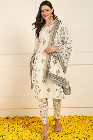 Cream Cotton Ethnic Motif Printed Straight Shape Suit Set with Dupatta