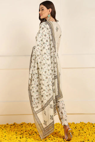 Cream Cotton Ethnic Motif Printed Straight Shape Suit Set with Dupatta