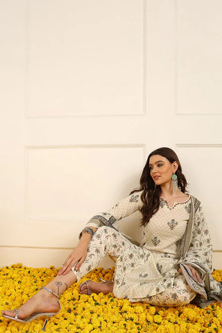 Cream Cotton Ethnic Motif Printed Straight Shape Suit Set with Dupatta