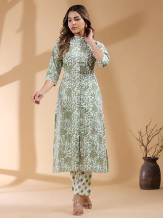 Cream Cotton Floral Print Kurta Pant Set