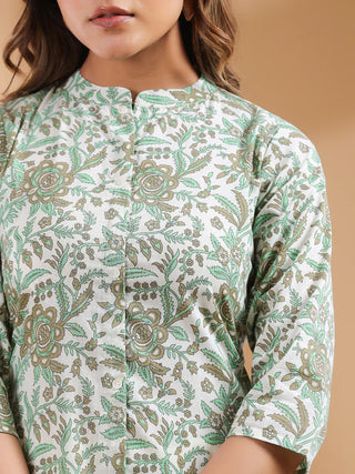 Cream Cotton Floral Print Kurta Pant Set