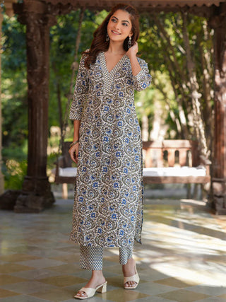 Cream Pure Cotton Floral Printed Kurta Bottom Set