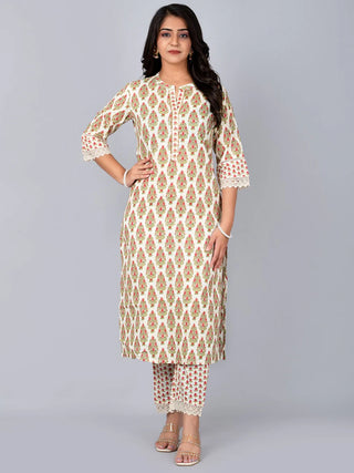 Off White Cotton Printed & Lace Detailing Kurta Pant Set