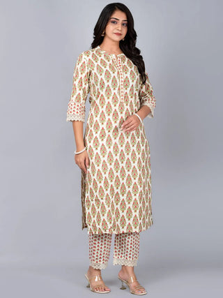 Off White Cotton Printed & Lace Detailing Kurta Pant Set