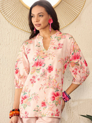 Cream Rayon Blend Floral Print Co-Ord Set