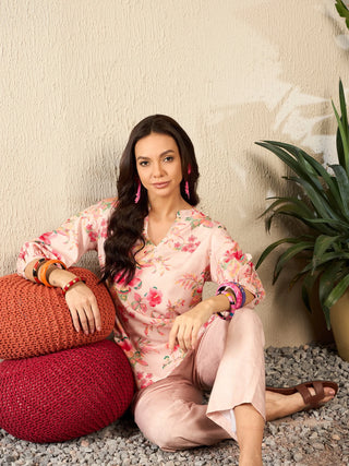 Cream Rayon Blend Floral Print Co-Ord Set