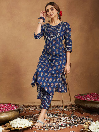 Blue Cotton Floral Print Kurta Bottom Set