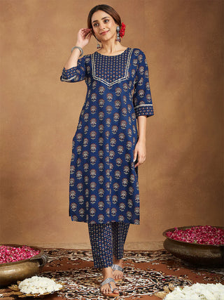 Blue Cotton Floral Print Kurta Bottom Set