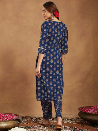 Blue Cotton Floral Print Kurta Bottom Set