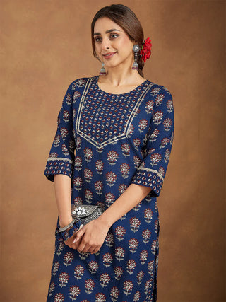 Blue Cotton Floral Print Kurta Bottom Set