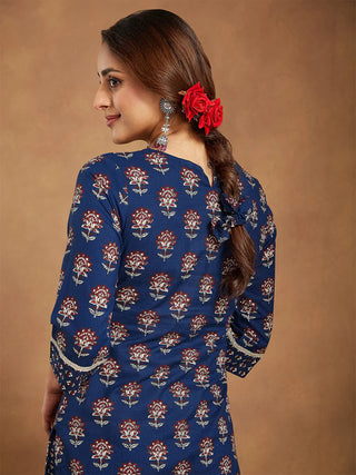 Blue Cotton Floral Print Kurta Bottom Set