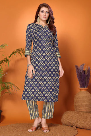 Dark Blue Viscose Printed & Embroidered Kurta Pant Set