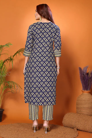 Dark Blue Viscose Printed & Embroidered Kurta Pant Set