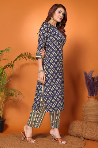 Dark Blue Viscose Printed & Embroidered Kurta Pant Set