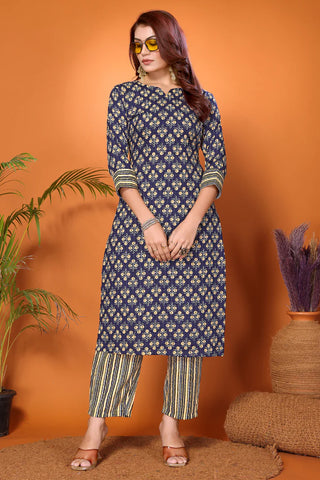 Dark Blue Viscose Printed & Embroidered Kurta Pant Set