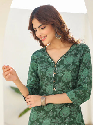 Dark Green Pure Cotton Floral Print Straight Shape Kurta Bottom Set