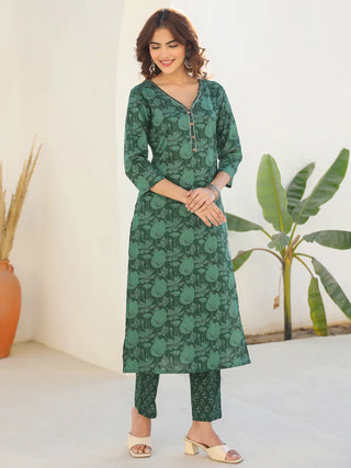 Dark Green Pure Cotton Floral Print Straight Shape Kurta Bottom Set