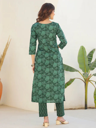 Dark Green Pure Cotton Floral Print Straight Shape Kurta Bottom Set