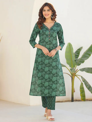 Dark Green Pure Cotton Floral Print Straight Shape Kurta Bottom Set