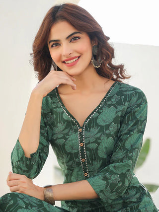 Dark Green Pure Cotton Floral Print Straight Shape Kurta Bottom Set