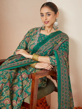 Dark Green Pure Cotton Floral Print & Yoke Embroidered A-Line Suit Set with Dupatta