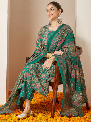 Dark Green Pure Cotton Floral Print & Yoke Embroidered A-Line Suit Set with Dupatta