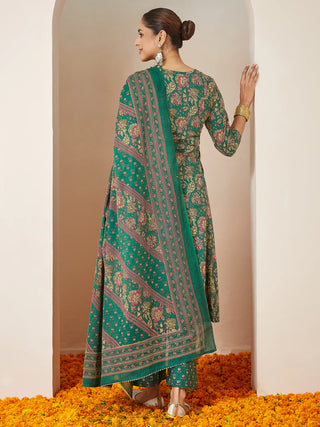 Dark Green Pure Cotton Floral Print & Yoke Embroidered A-Line Suit Set with Dupatta