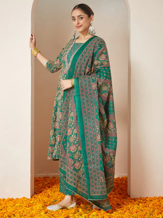 Dark Green Pure Cotton Floral Print & Yoke Embroidered A-Line Suit Set with Dupatta