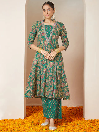 Dark Green Pure Cotton Floral Print & Yoke Embroidered A-Line Suit Set with Dupatta