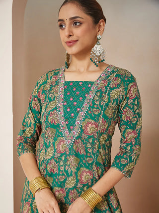 Dark Green Pure Cotton Floral Print & Yoke Embroidered A-Line Suit Set with Dupatta
