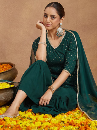Dark Green Rayon Embellished Foil Print A-Line Sharara Set with Chiffon Dupatta