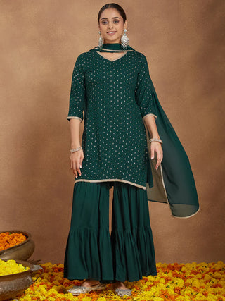 Dark Green Rayon Embellished Foil Print A-Line Sharara Set with Chiffon Dupatta