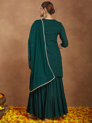 Dark Green Rayon Embellished Foil Print A-Line Sharara Set with Chiffon Dupatta