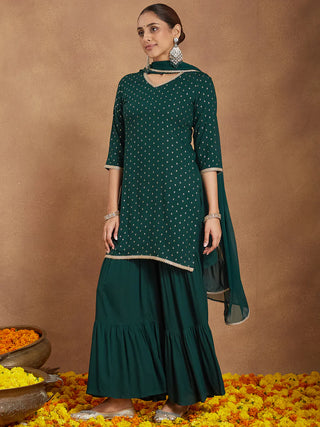 Dark Green Rayon Embellished Foil Print A-Line Sharara Set with Chiffon Dupatta